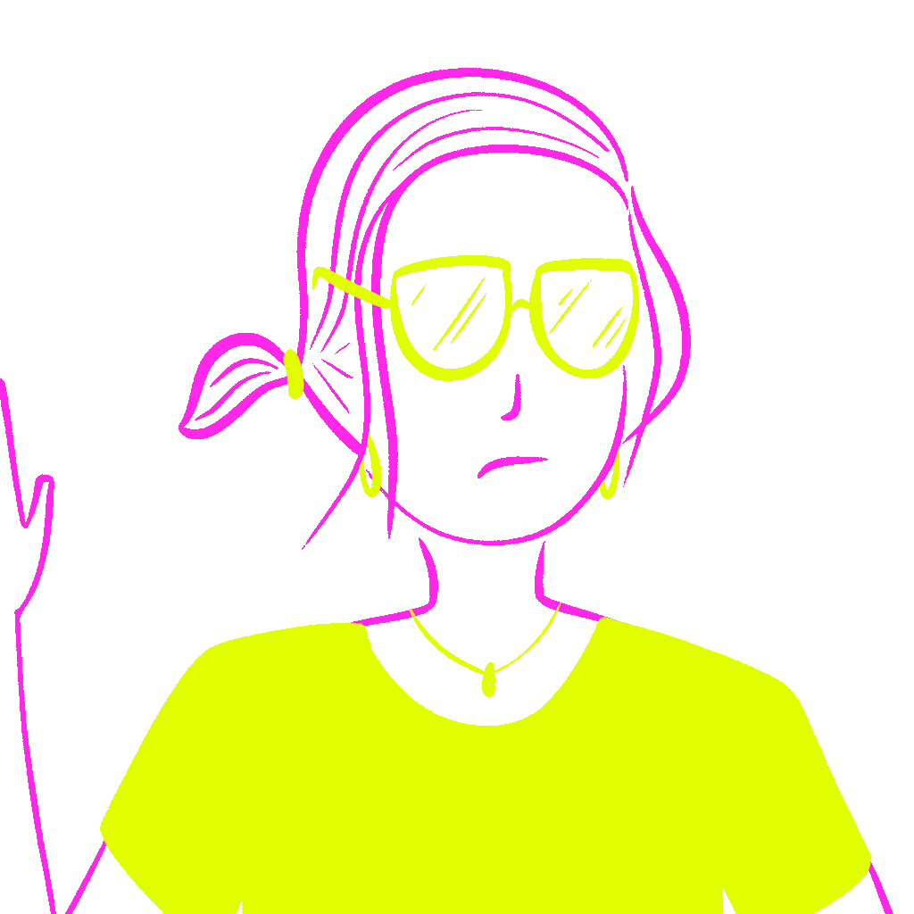 A drawing of a young, sad-looking woman wearing glasses and waving to the camera